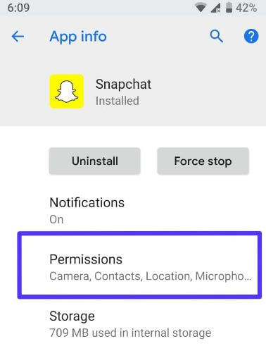 Permission tab on Snapchat