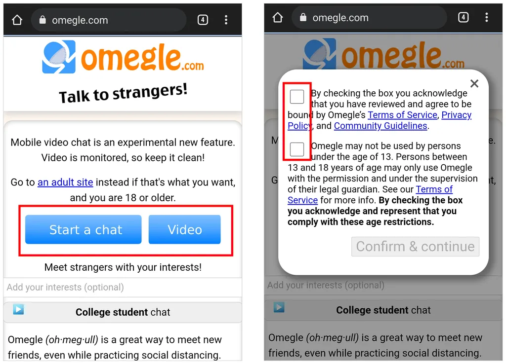 Omegle Video option and terms and conditions.