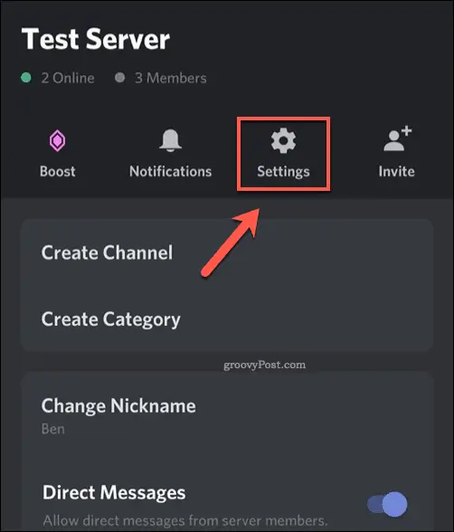 Settings option on Discord