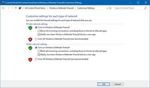 Turn off windows defender firewall - Omegle Error Connecting to Server 