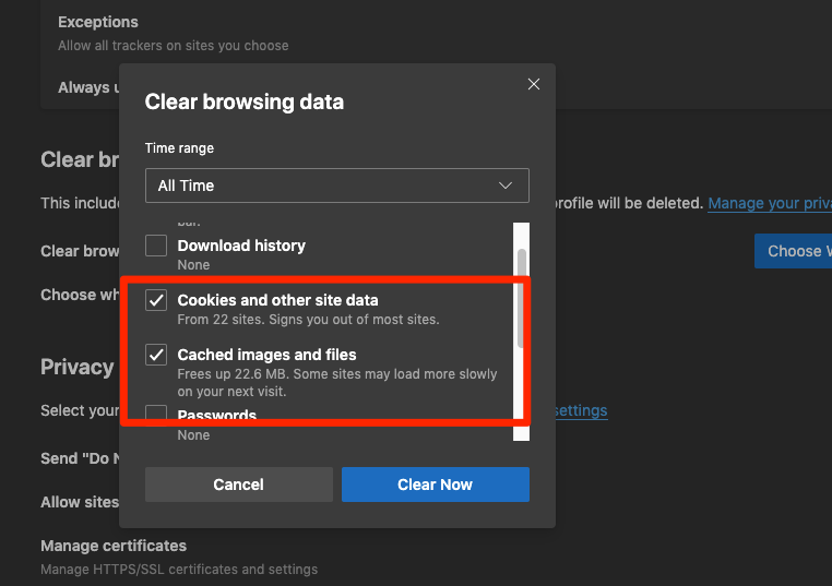 Check box in clearing cache and cookies - Omegle Error Connecting to Server 