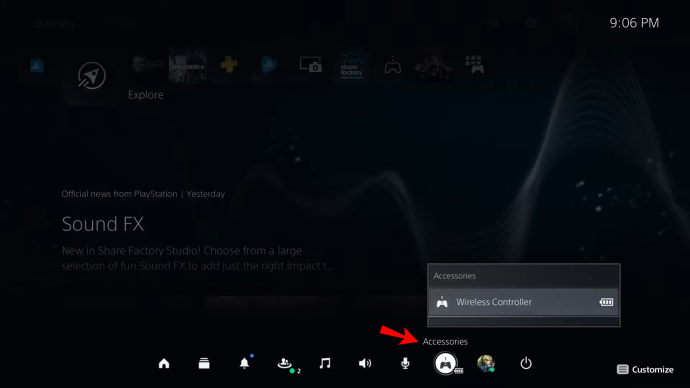 Accessories option on PS5 