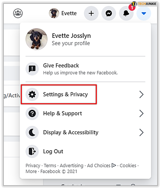 Settings and Privacy tab in Facebook