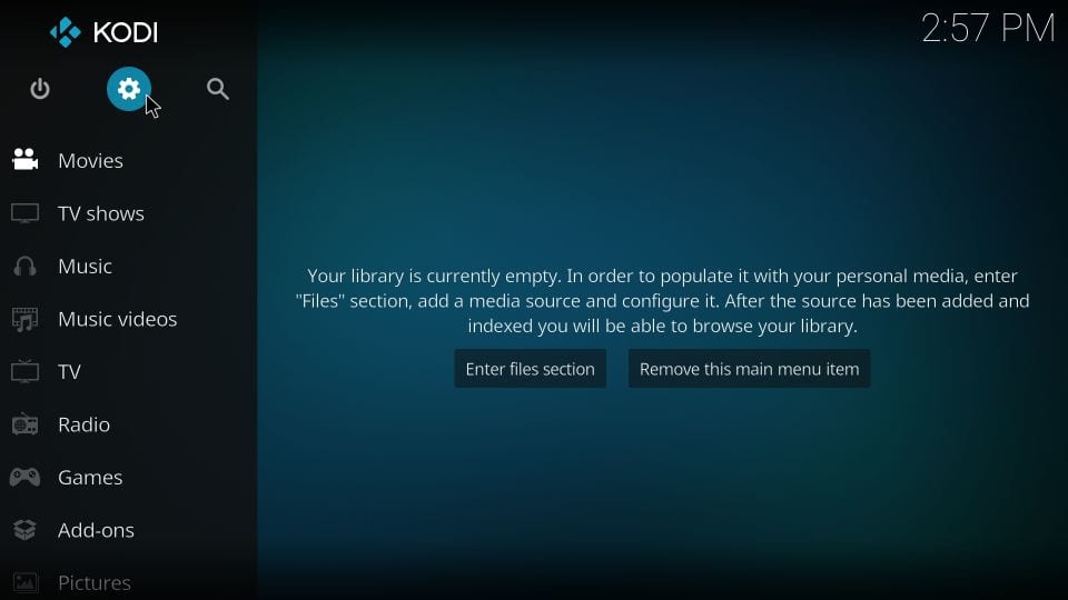 Settings icon on Kodi