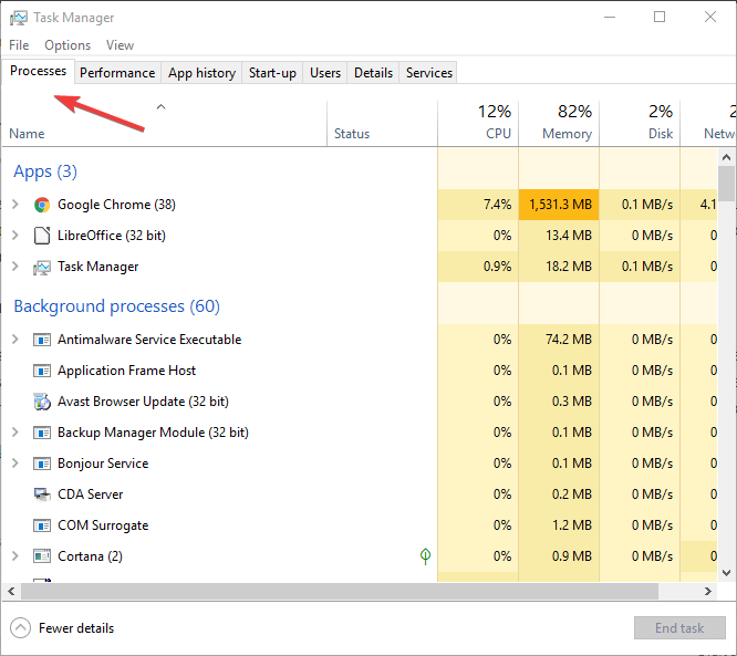 Processes tab in task manager