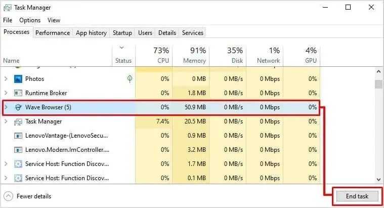 End task option in browser - Wave browser