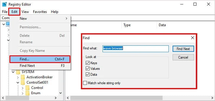 Edit and Find option to delete registry