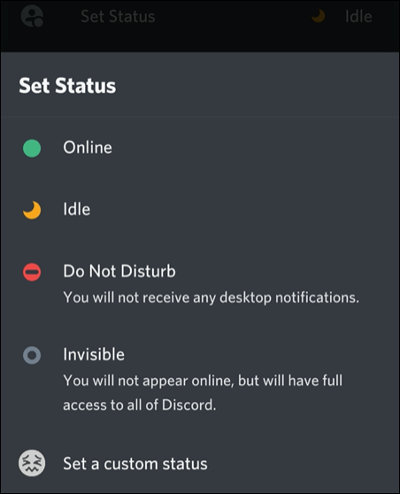 Different status available on Discord