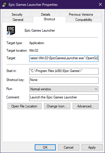 Method to edit Properties of Epic Games Launcher