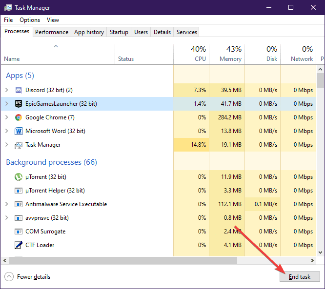 End Game Launcher in Task Manager