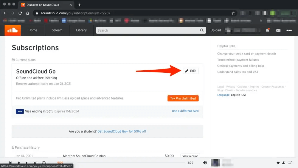 To Cancel your Soundcloud subscription using Soundcloud Website