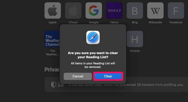 Confirmation before cleaning the Reading list in safari