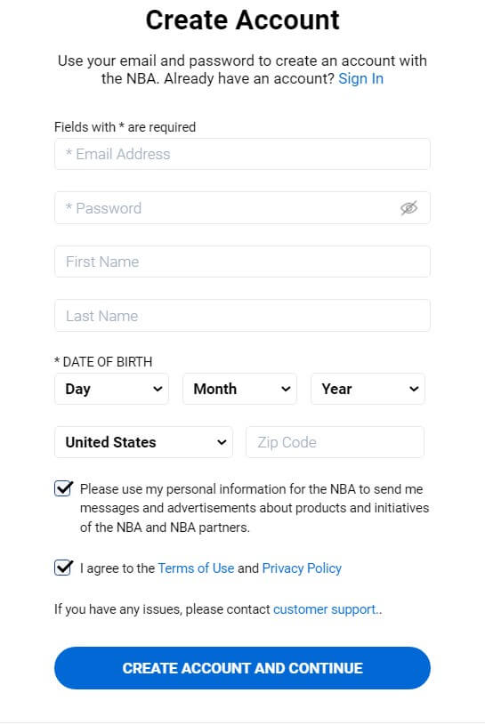 creating account on NBA