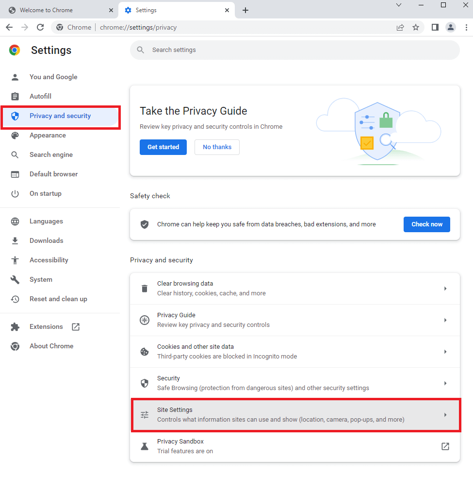 Go to Site Settings option