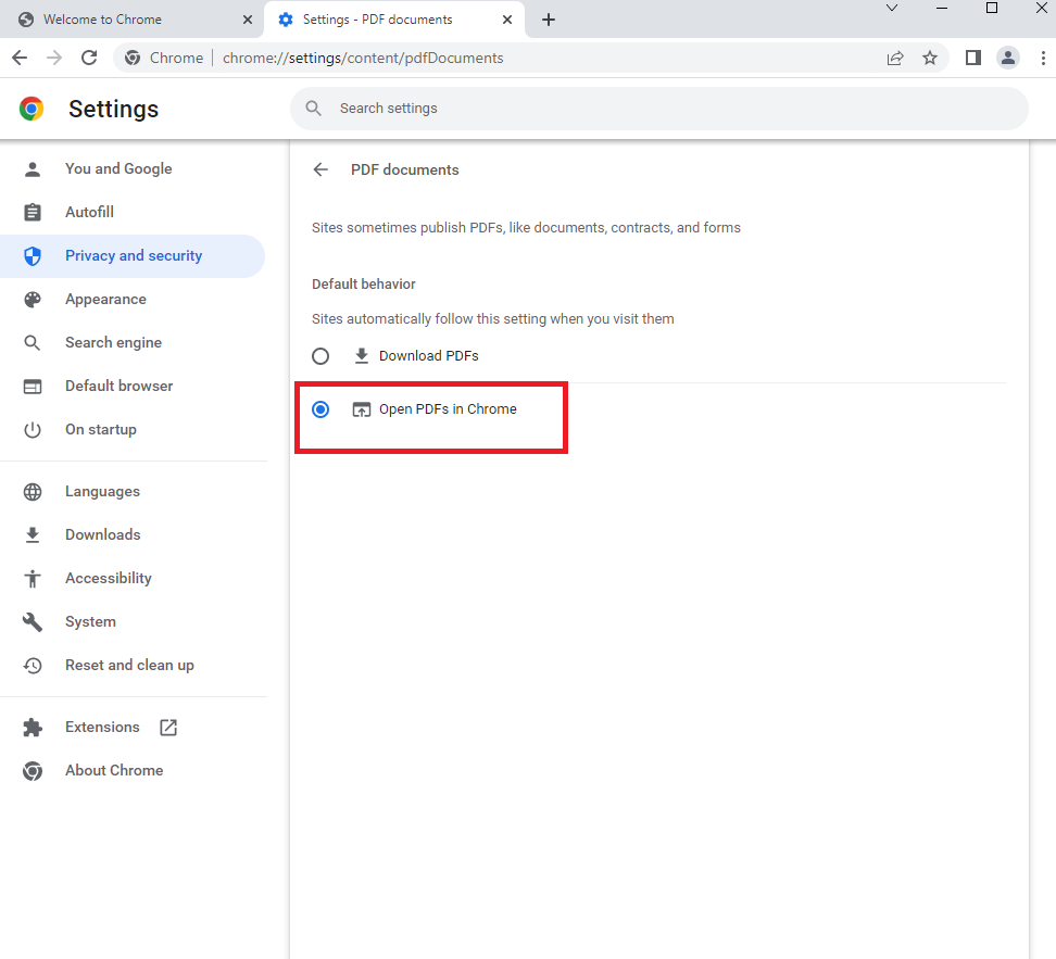 Enable the Open PDFs in Chrome 