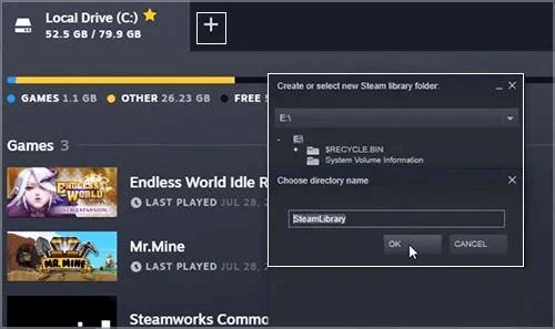To create new Disk space for Steam file
