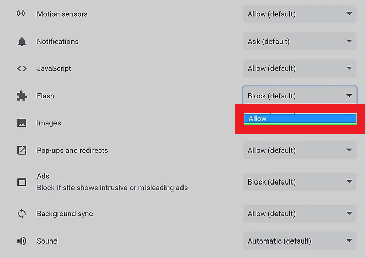 Select Allow option from the drop-down.