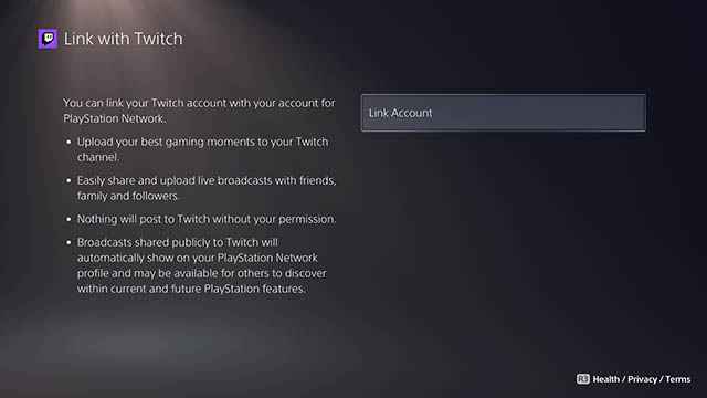 Twitch on PS5- Select Link Account.