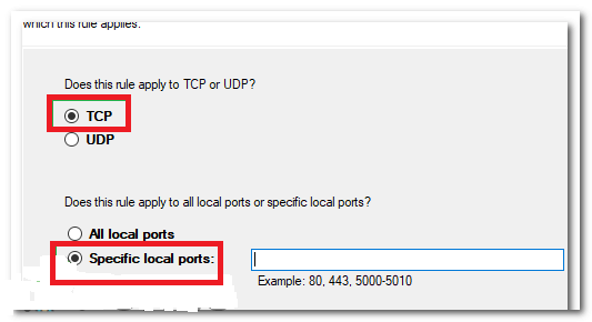 Click TCP >> Specific local ports option