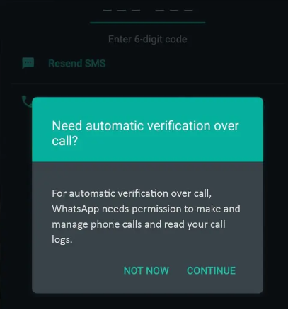 Tap Continue to get the WhatsApp Flash Call.