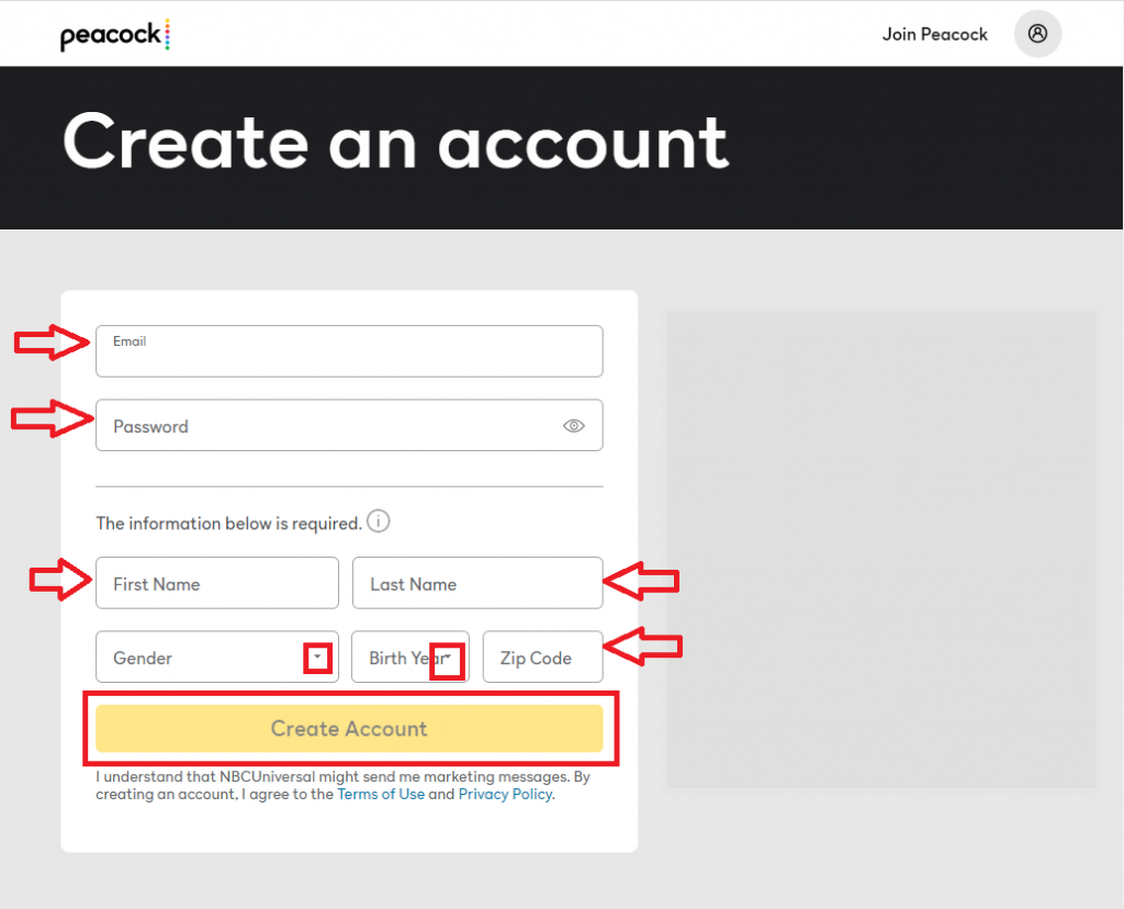Activate Peacock TV- click Create Account 