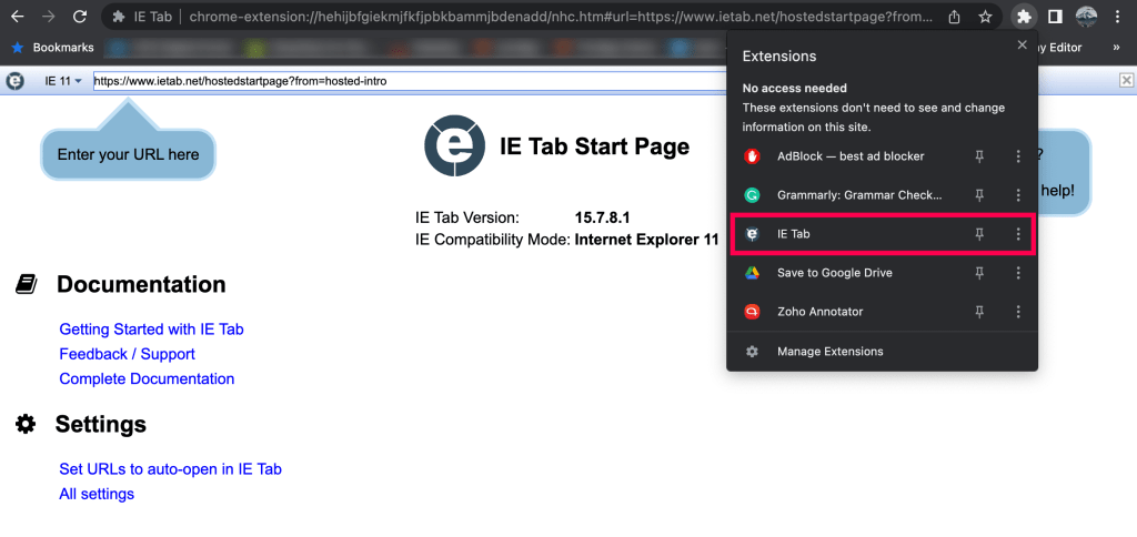 click the Extension icon and choose the IE tab.