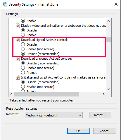 enable the Download signed ActiveX controls and tap the Ok button.