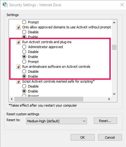  enable the Rung ActiveX Controls and Plug-ins option and Run Antimalware software on ActiveX controls.