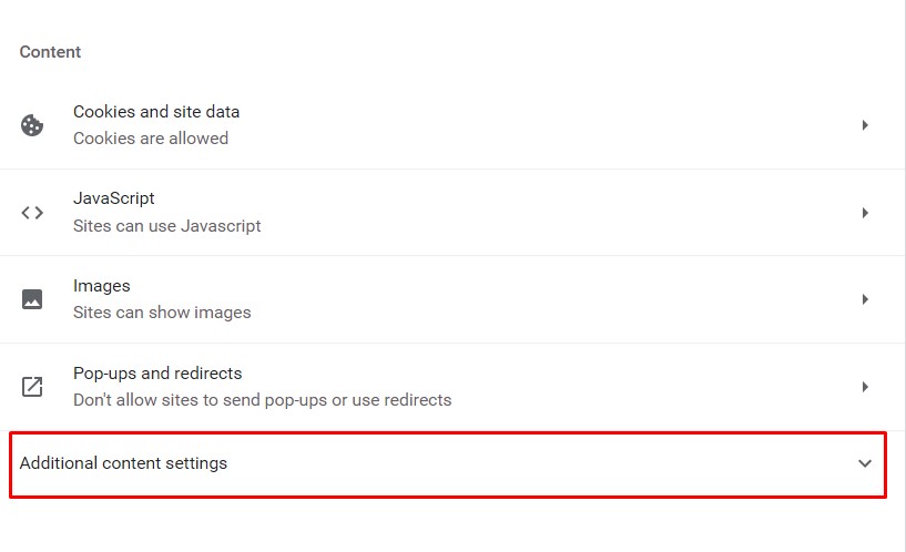 Additional content settings in Chrome