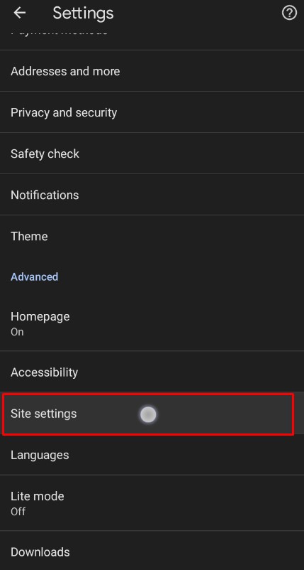 Site settings in Chrome browser