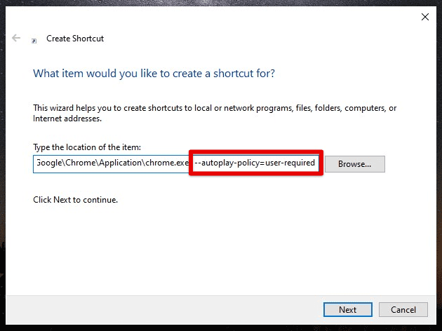 Create shortcut to Disable Autoplay in Chrome