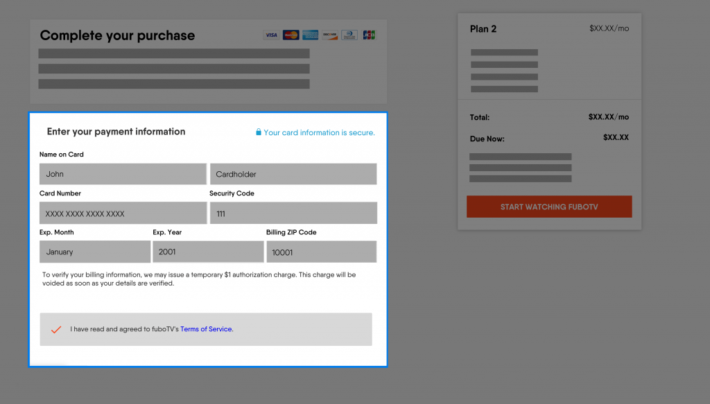 Payment details to create FuboTV account