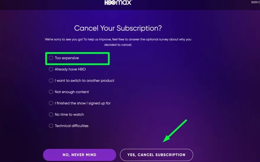 tap Yes, Cancel Subscription to Cancel HBO Max