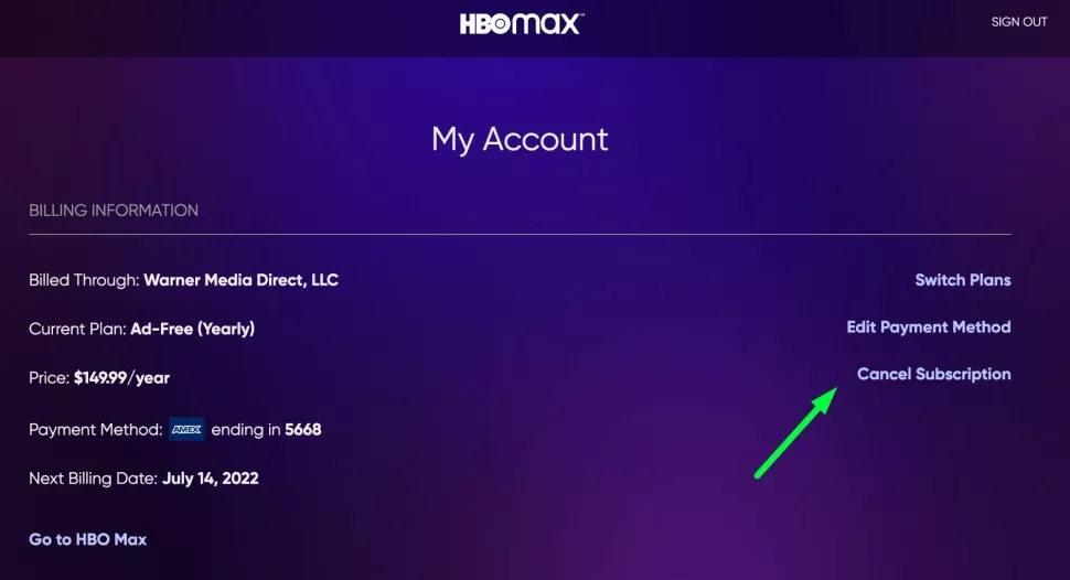 tap on Cancel Subscription to Cancel HBO Max