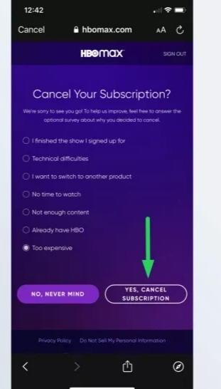 tap on Yes, cancel Subscription option to cancel HBO Max
