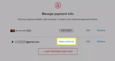 How to Change Payment Method on Netflix- click Make Preferred