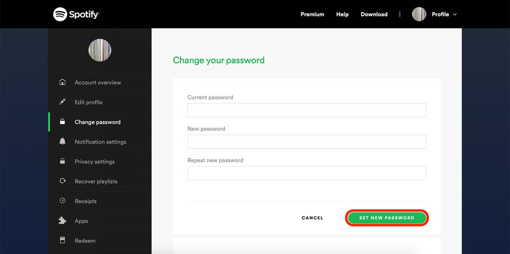  click Set New Password  to Change Spotify Password