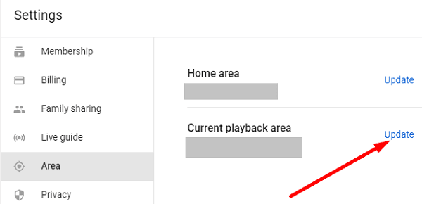 How to Change YouTube TV Location- click update