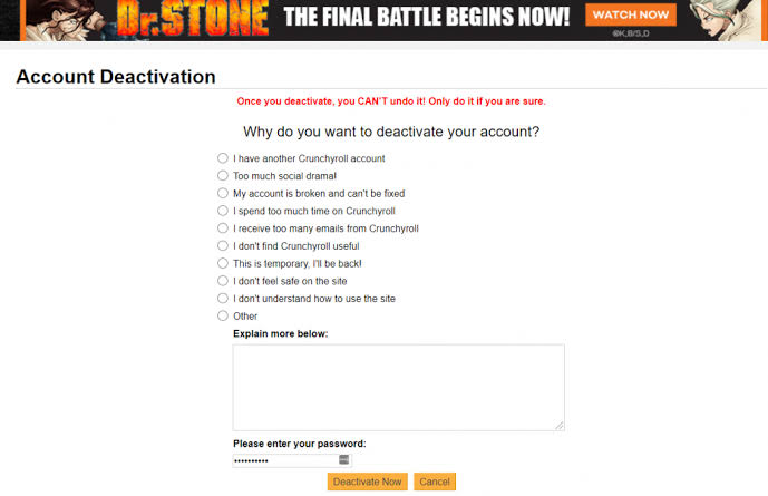 Click Deactive Now to Delete Crunchyroll Account 