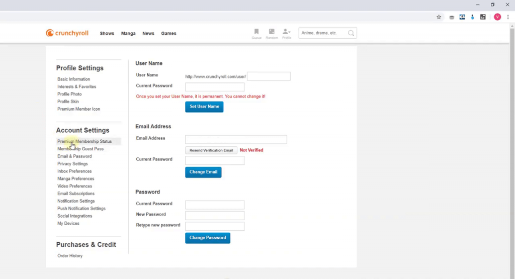 How to Delete Crunchyroll Account -select the Premium Membership Status.