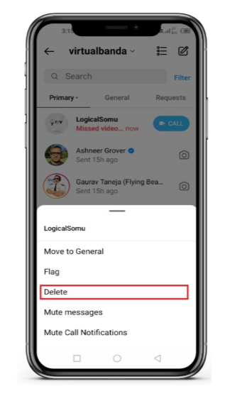 Tap Delete to Delete Instagram Call History