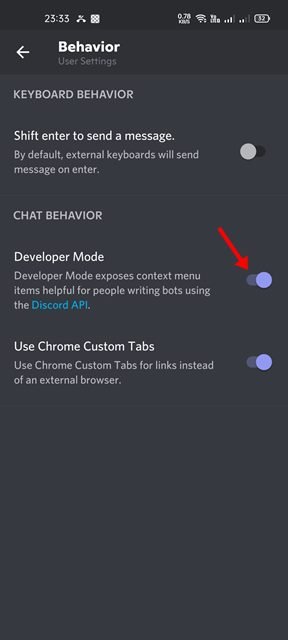 turn on the toggle to Enable Developer Mode on Discord