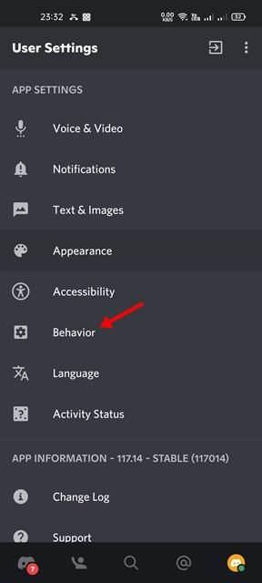  tap on Behaviour option