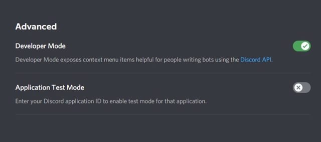 Turn on the toggle  to Enable Developer Mode on Discord 