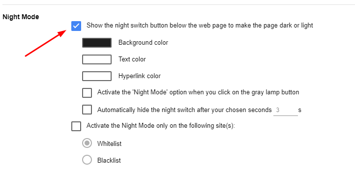 Check out the Night Mode Check Box