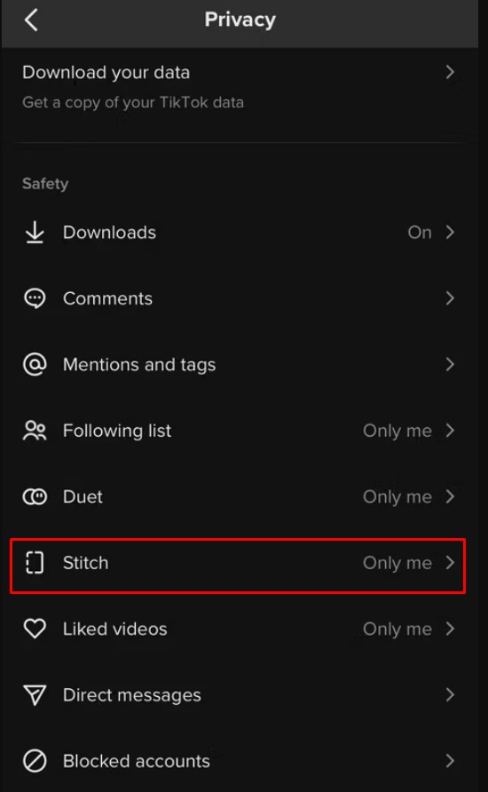 Stitch option on Privacy settings 