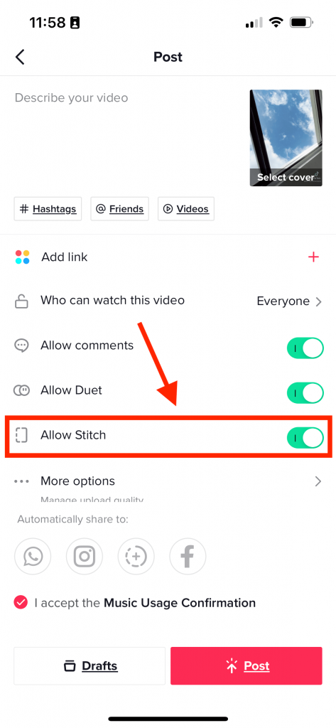 To Turn on and off Stitch feature on tikTok