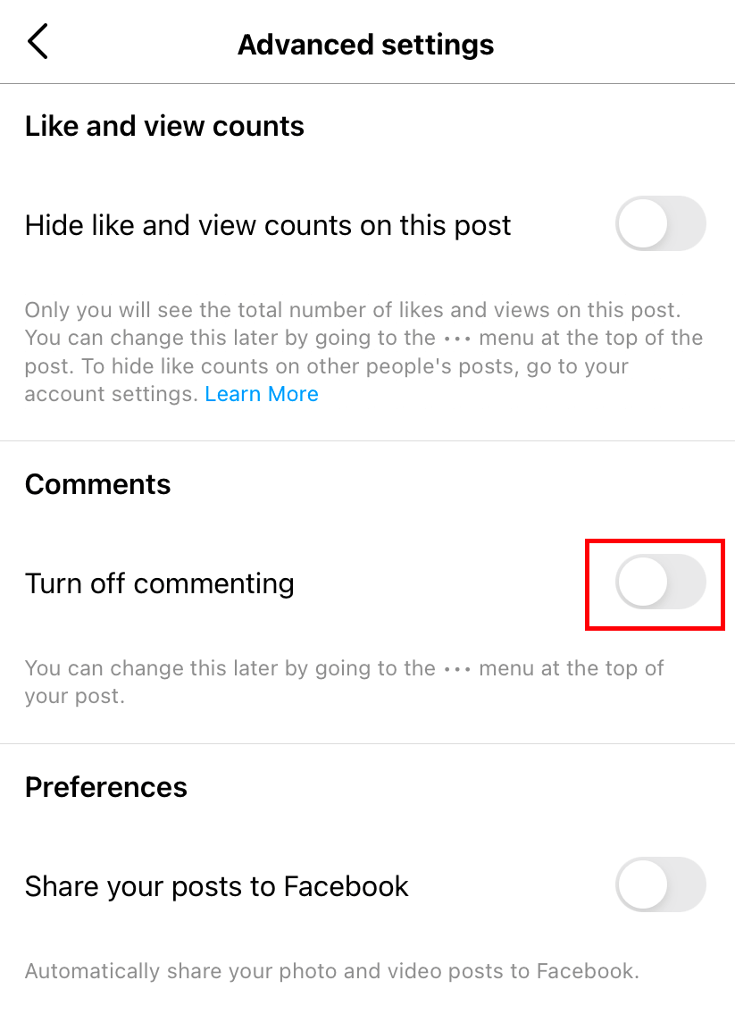 Turn Off Commenting on instagram post
