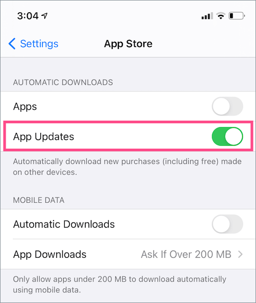 To enable Auto update on App store