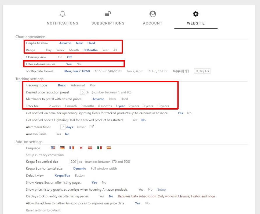 Keepa product tracker settings